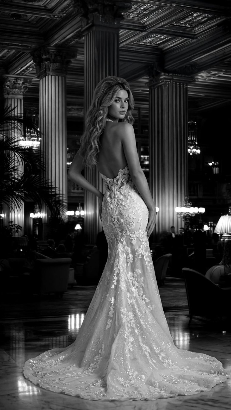 Randy Fenoli Kristen wedding dress glamorous fitted fitted lace halterneck with low back full length back view.
