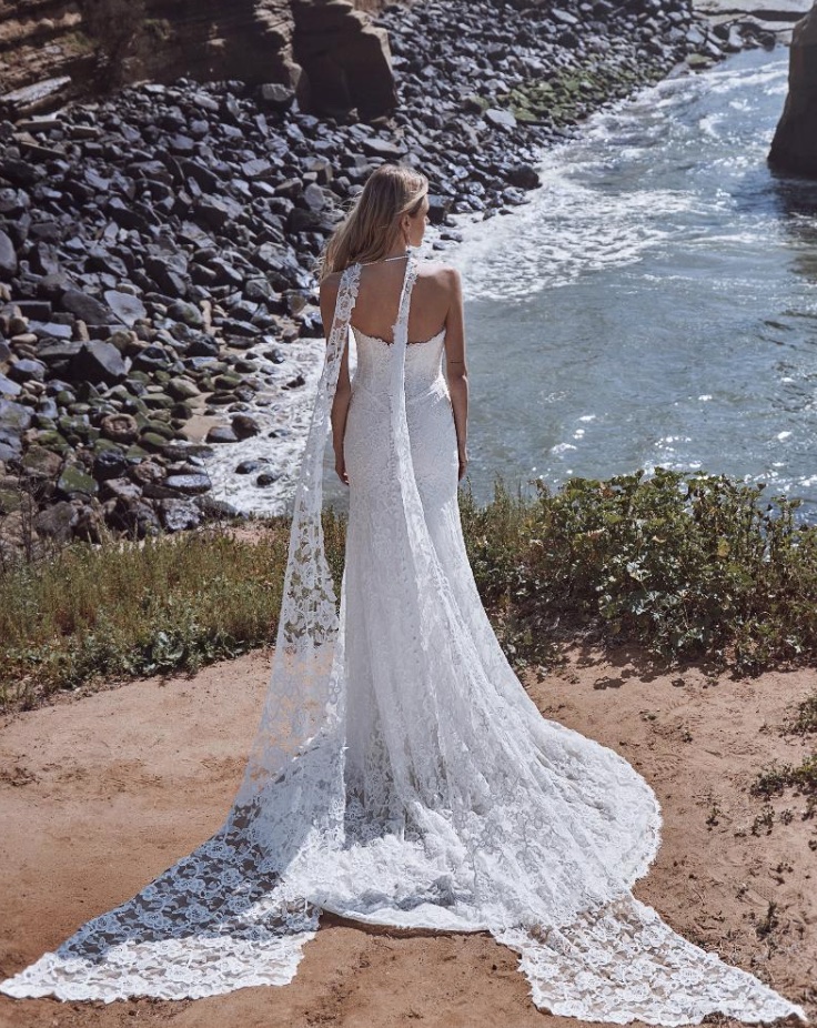 Calla Blanche Allegra fitted lace wedding dress with pearl detail and optional choker with train back view.