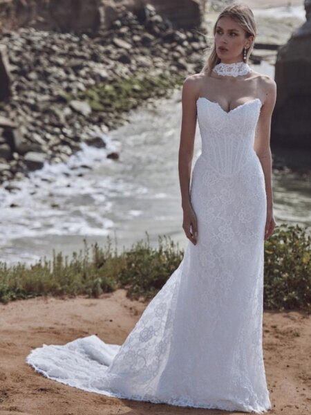 Calla Blanche Allegra fitted lace wedding dress with pearl detail and optional choker with train front view.