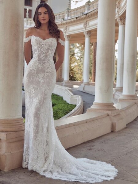 Calla Blanche fitted wedding dress in sparkling lace with sweetheart neckline and drop straps front view.