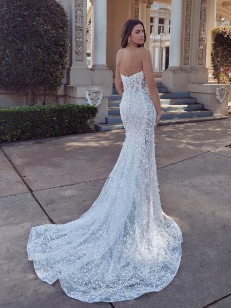 Calla Blanche Renata lace wedding dress with fitted silhouette with translucent side panel front view.