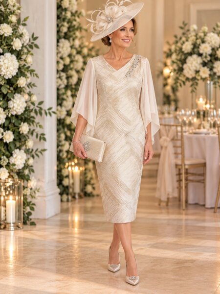 Lizabella 235530 champagne mother of the bride dress with floaty chiffon sleeves elegant occasion wear for weddings cruises and the races front view.