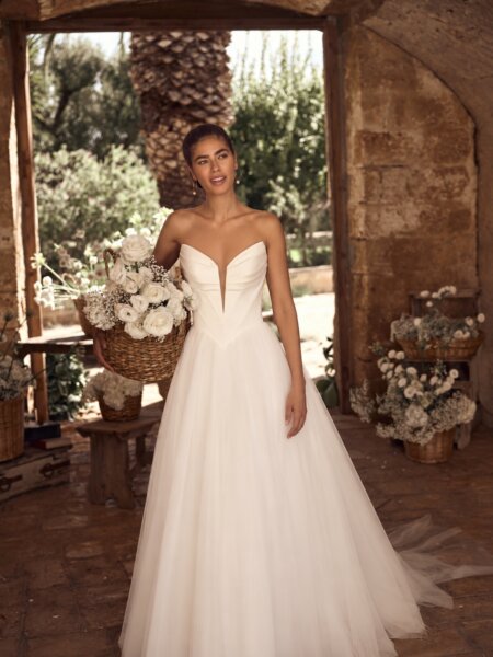 Modeca Marleah plain wedding dress with satin bodice and soft A-line skirt front view.