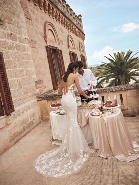 Modeca Mavie fitted lace wedding dress low illusion back and translucent side panels romantic and feminine with a hint of sexy side front view.