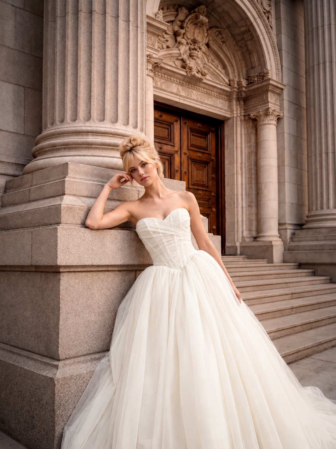 Stunning Randy Fenoli ivory Kensington ballgown wedding dress with detachable flowers removed front view.