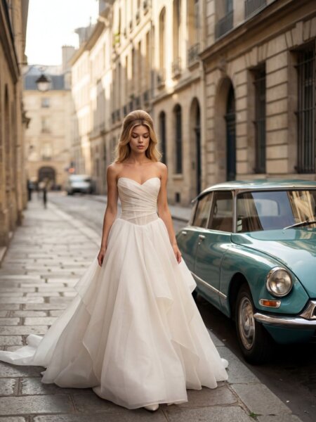 Randy Fenoli Louisa plain ballgown wedding dress with soft waterfall skirt and basque bodice side front.