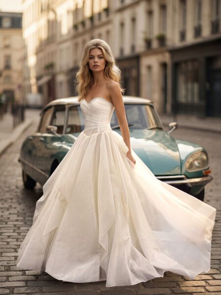 Randy Fenoli Louisa plain ballgown wedding dress with soft waterfall skirt and basque bodice side front.