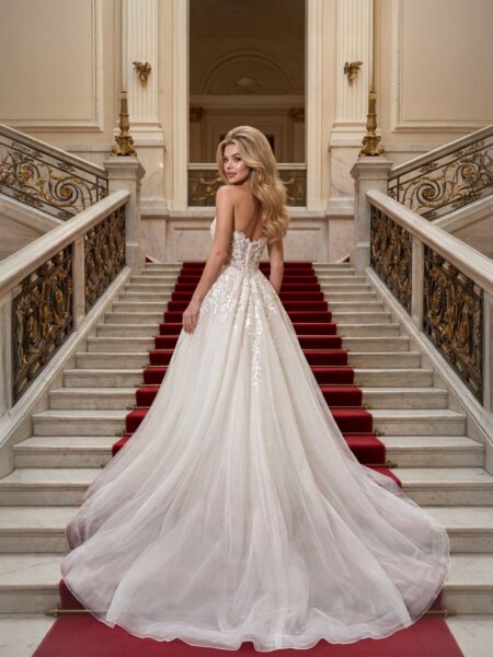 Randy Fenoli Ladonna wedding dress A line with plain skirt and sparkle lace bodice front view.
