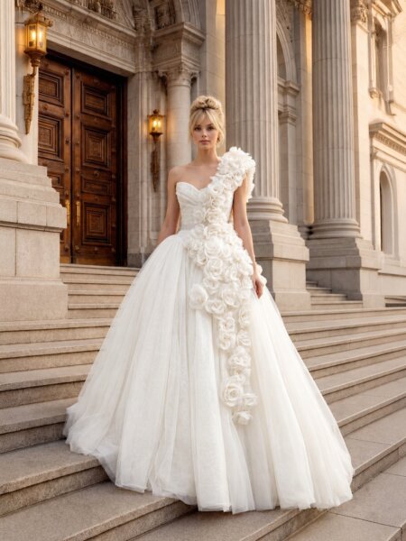 Stunning Randy Fenoli ivory Kensington ballgown wedding dress wear plain or with customised detachable flowers front view.