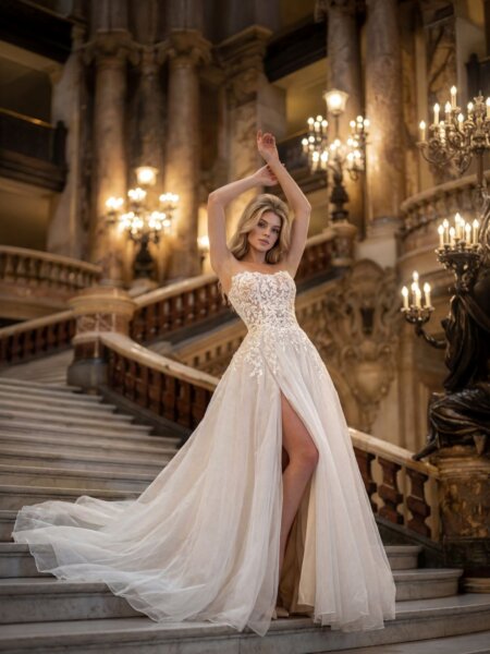 Randy Fenoli Ladonna wedding dress A line with plain skirt and sparkle lace bodice front view.